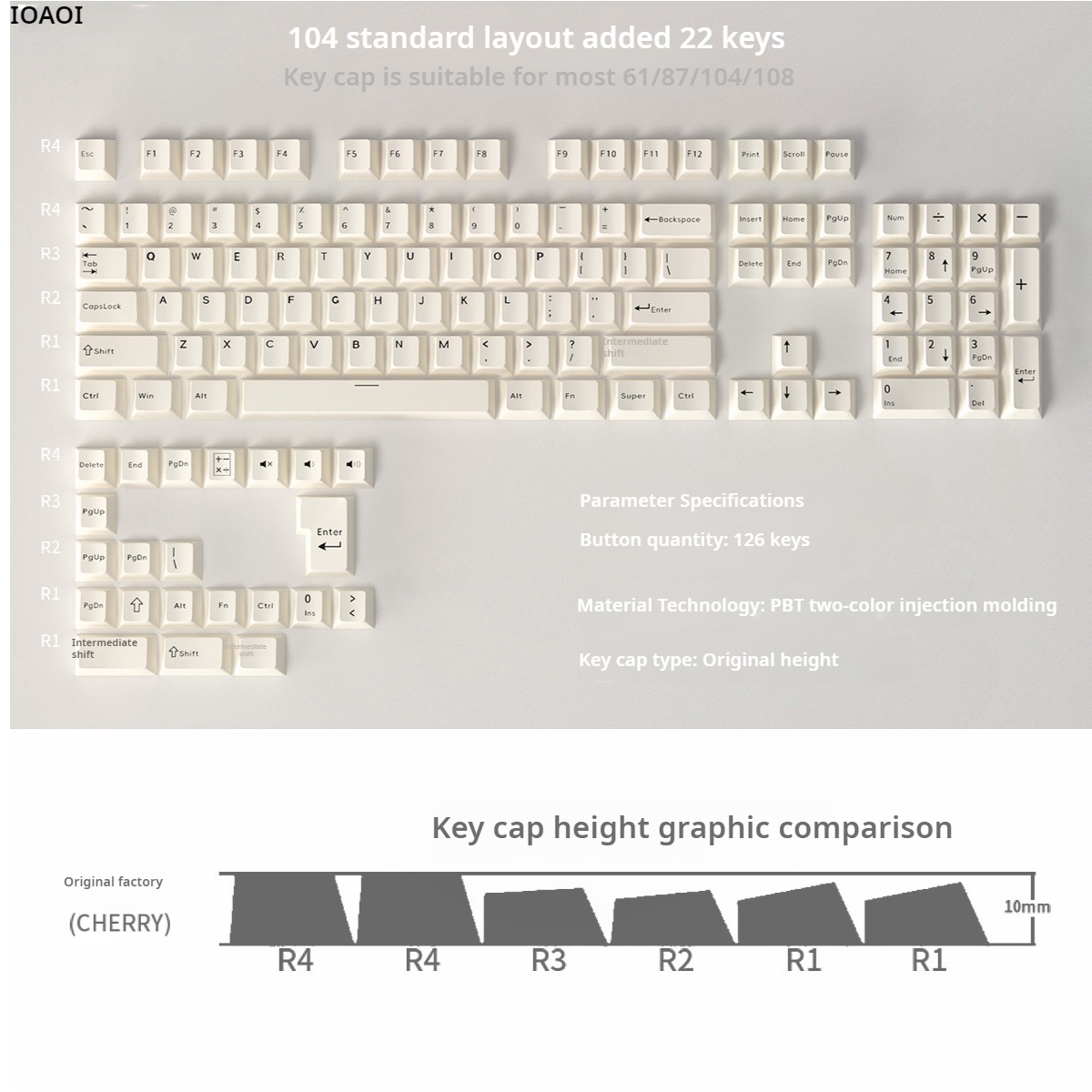 IOAOI  BEIGE 126-Keys Cherry Profile PBT Keycap Sets