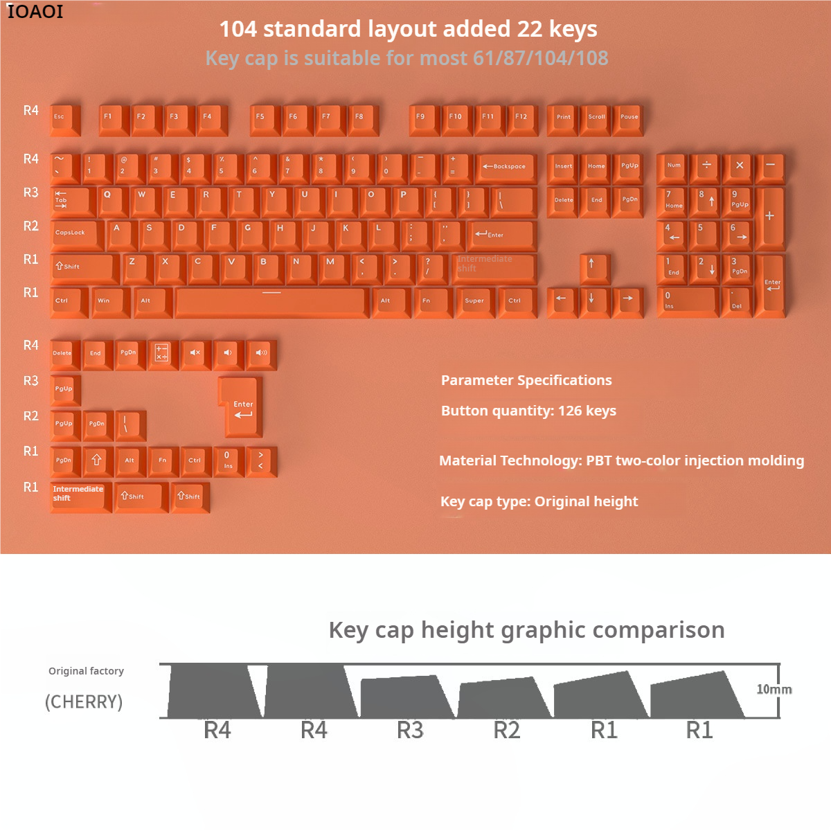 IOAOI  ORANGE 126-Keys Cherry Profile PBT Keycap Sets